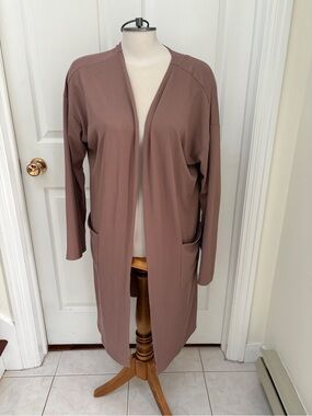 Joan Vass Mauve Ribbed Open-Front Long Cardigan